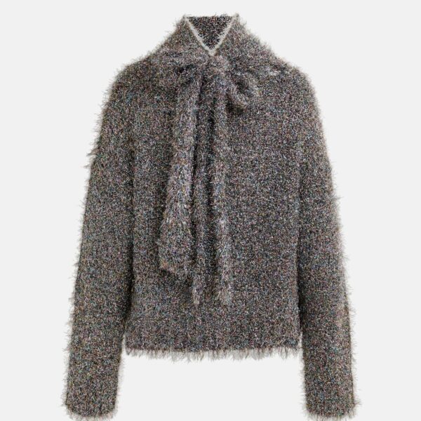 Essentiel Antwerp Grey metallic mock-neck sweater with pussy-bow tie - Essentiel Antwerp Knitwear - Colorful Belgian Design - Shop at Coveti