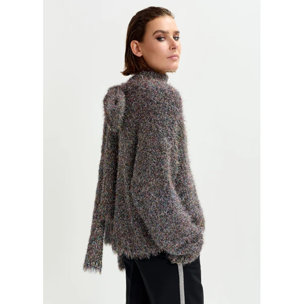 Essentiel Antwerp Grey metallic mock-neck sweater with pussy-bow tie, view 3