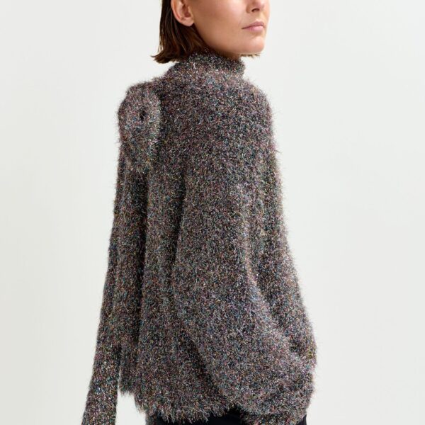 Essentiel Antwerp Grey metallic mock-neck sweater with pussy-bow tie - Essentiel Antwerp Knitwear - Colorful Belgian Design - Shop at Coveti