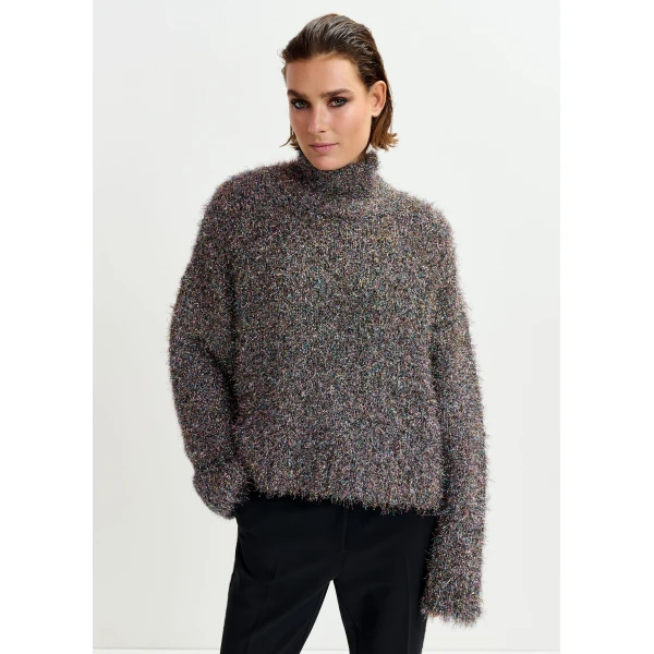 Essentiel Antwerp Grey metallic mock-neck sweater with pussy-bow tie, view 4