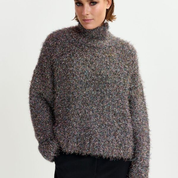 Essentiel Antwerp Grey metallic mock-neck sweater with pussy-bow tie - Essentiel Antwerp Knitwear - Colorful Belgian Design - Shop at Coveti