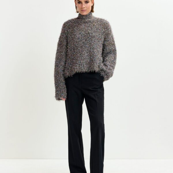 Essentiel Antwerp Grey metallic mock-neck sweater with pussy-bow tie - Essentiel Antwerp Knitwear - Colorful Belgian Design - Shop at Coveti