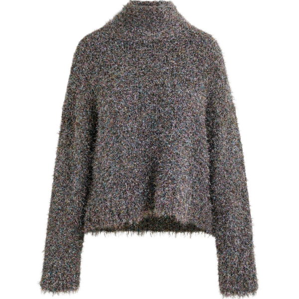 Essentiel Antwerp Grey metallic mock-neck sweater with pussy-bow tie - Essentiel Antwerp Knitwear - Colorful Belgian Design - Shop at Coveti