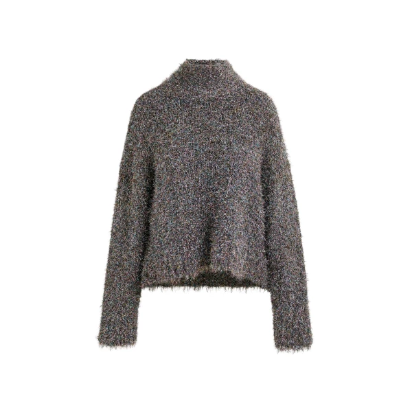 Essentiel Antwerp Grey metallic mock-neck sweater with pussy-bow tie - Essentiel Antwerp Knitwear - Colorful Belgian Design - Shop at Coveti