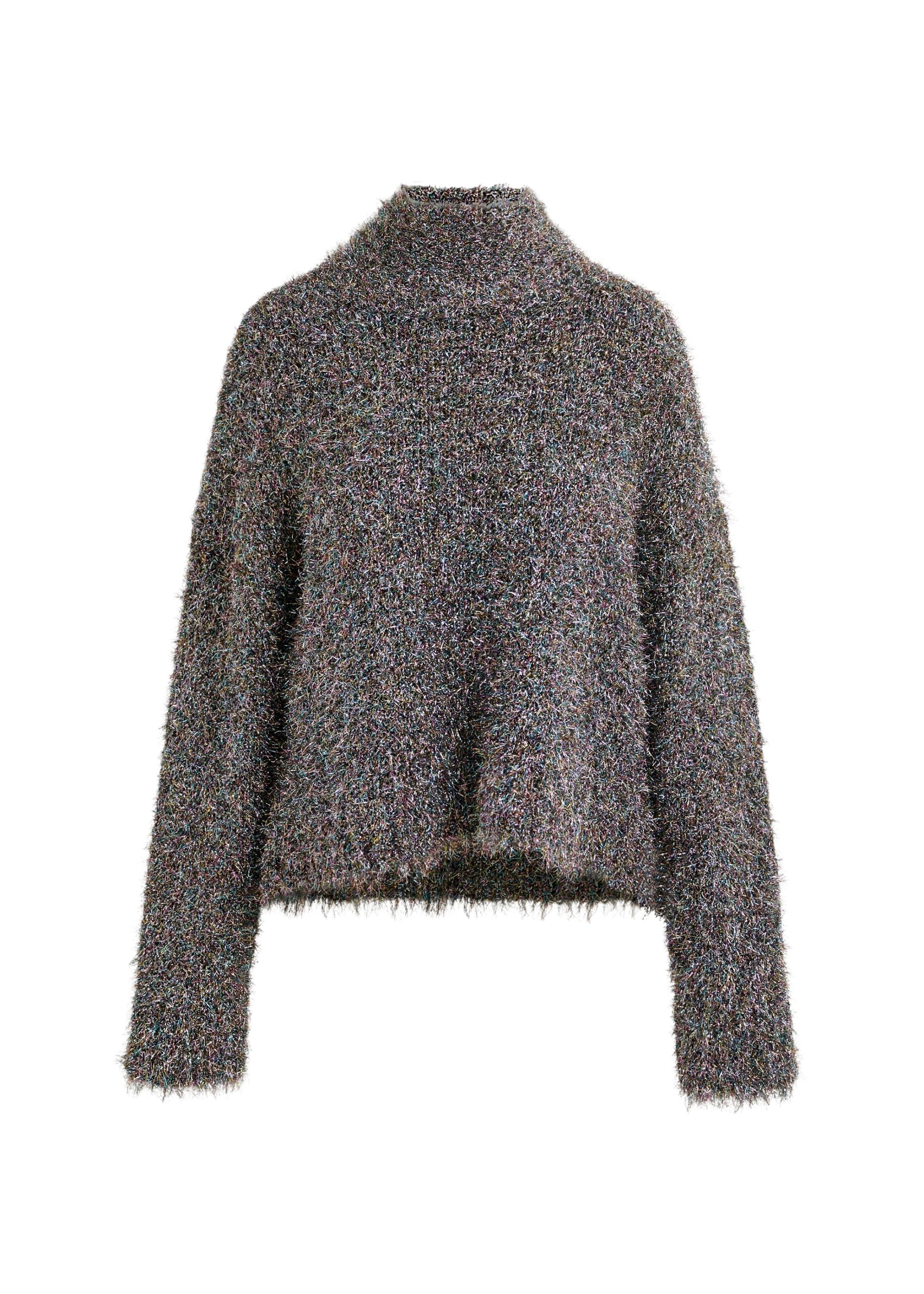 Essentiel Antwerp Grey metallic mock-neck sweater with pussy-bow tie - Essentiel Antwerp Knitwear - Colorful Belgian Design - Shop at Coveti
