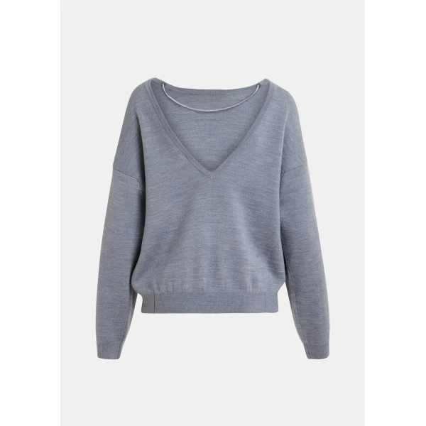 Essentiel Antwerp Grey open-back sweater with rhinestone strings, view 2