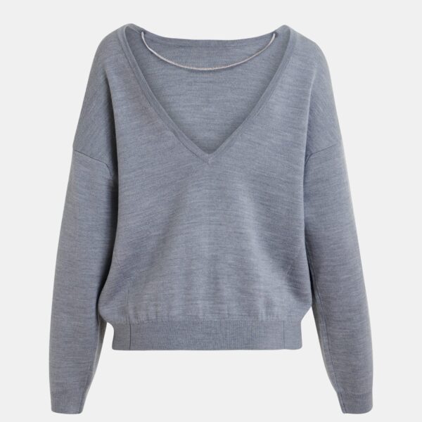 Essentiel Antwerp Grey open-back sweater with rhinestone strings - Essentiel Antwerp Knitwear - Colorful Belgian Design - Shop at Coveti