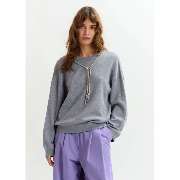 Essentiel Antwerp Grey open-back sweater with rhinestone strings, view 3