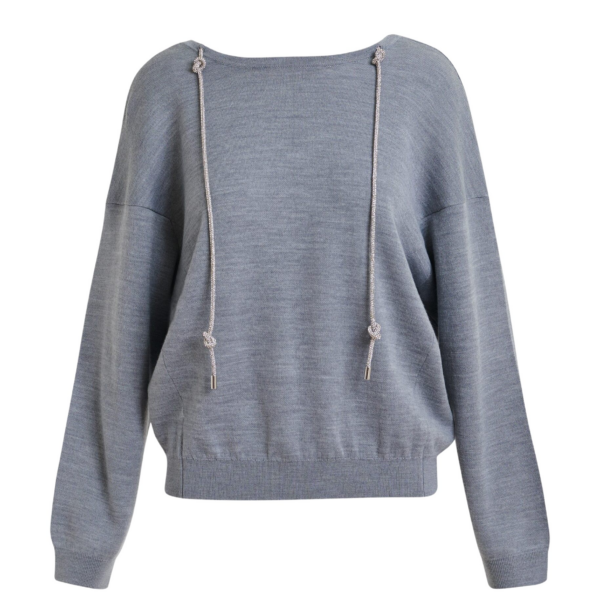 Essentiel Antwerp Grey open-back sweater with rhinestone strings - Essentiel Antwerp Knitwear - Colorful Belgian Design - Shop at Coveti