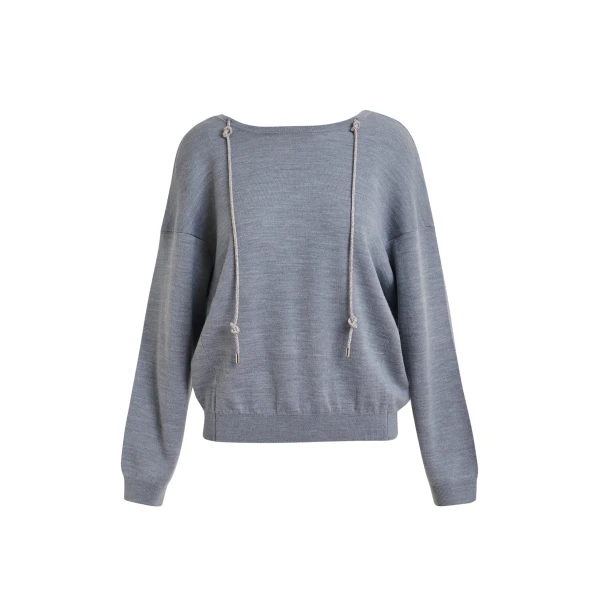 Essentiel Antwerp Grey open-back sweater with rhinestone strings - Essentiel Antwerp Knitwear - Colorful Belgian Design - Shop at Coveti