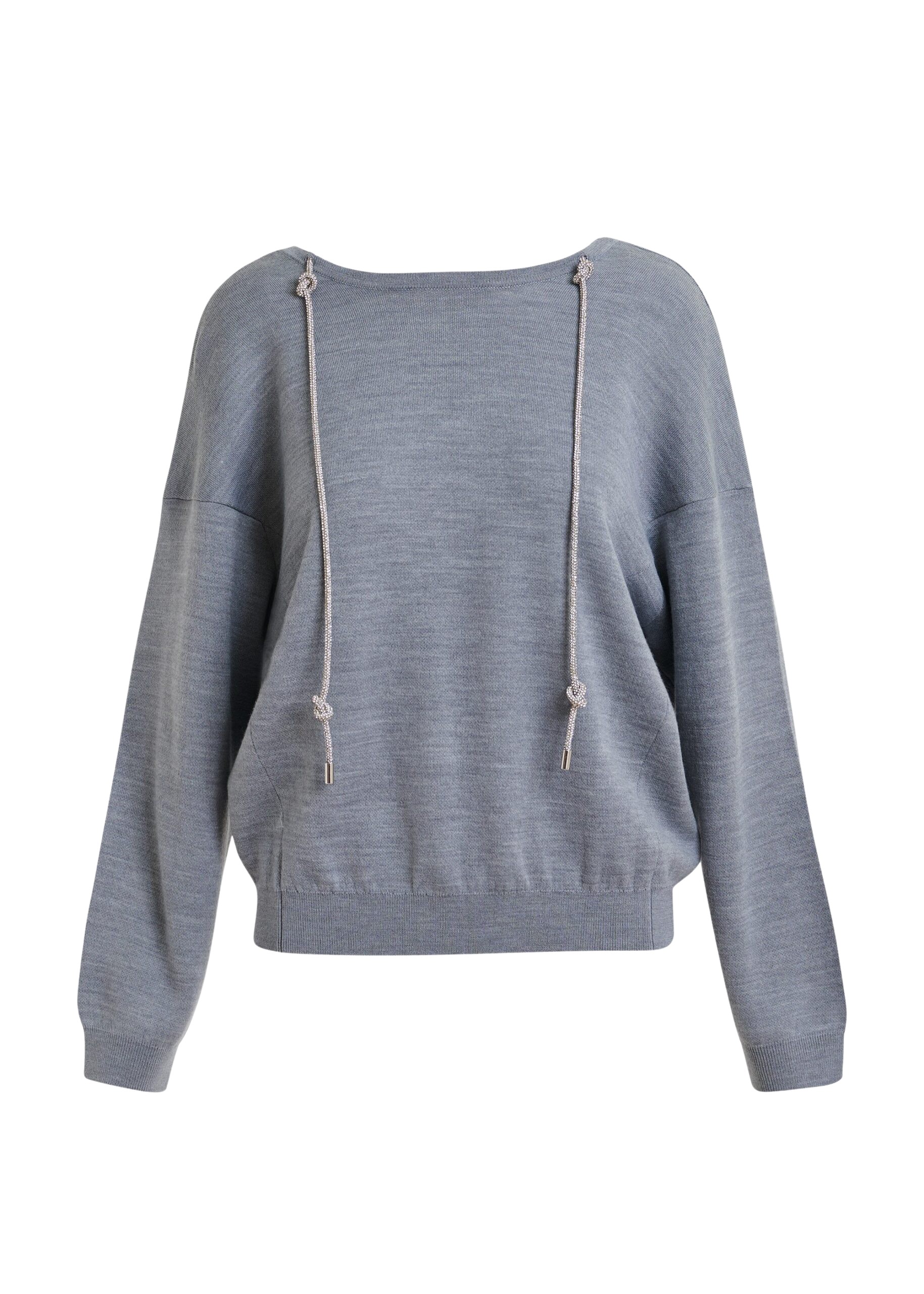 Essentiel Antwerp Grey open-back sweater with rhinestone strings - Essentiel Antwerp Knitwear - Colorful Belgian Design - Shop at Coveti