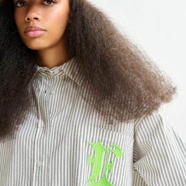 white and green striped cotton shirt with 'e' embroidery - Essentiel Antwerp Shirts - Colorful Belgian Design - Shop at Coveti