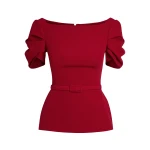 Safiyaa Ivana Top & Bertha Belt in Azalea Red - Safiyaa Tops - Heavy Crepe Cape Gown - Shop at Coveti