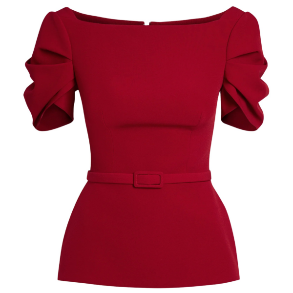 Safiyaa Ivana Top & Bertha Belt in Azalea Red - Safiyaa Tops - Heavy Crepe Cape Gown - Shop at Coveti