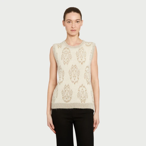 Giambattista Valli Ivory And Gold Ikat Wool Top - Giambattista Valli Tops - Romantic Couture - Shop at Coveti