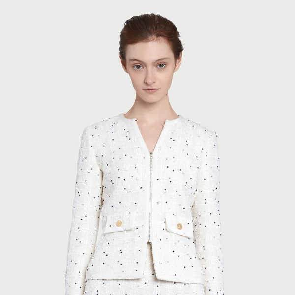 Giambattista Valli Ivory Jacket With Black Polka Dots In Bouclé - Giambattista Valli Jackets - Romantic Couture - Shop at Coveti