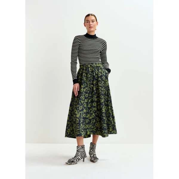 Essentiel Antwerp Khaki and dark blue floral-jacquard midi skirt, view 2