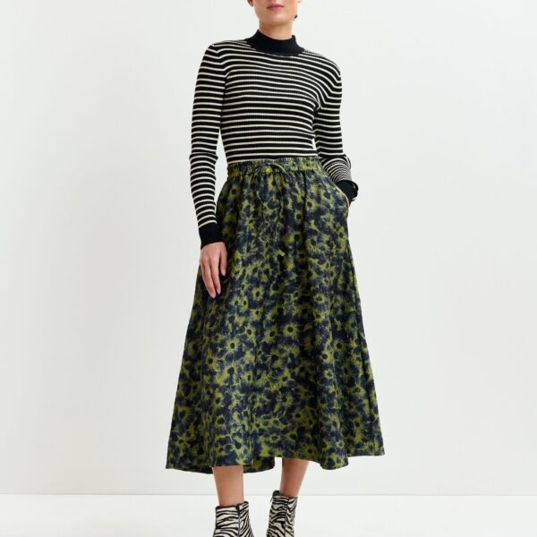 Essentiel Antwerp Khaki and dark blue floral-jacquard midi skirt - Essentiel Antwerp Skirts - Colorful Belgian Design - Shop at Coveti