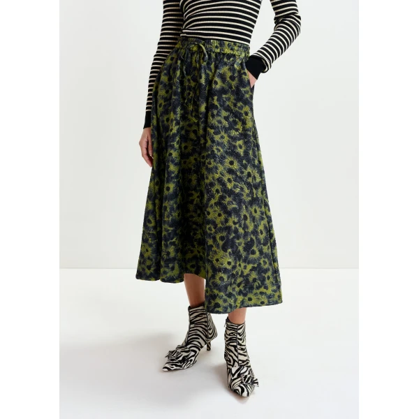 Essentiel Antwerp Khaki and dark blue floral-jacquard midi skirt, view 3