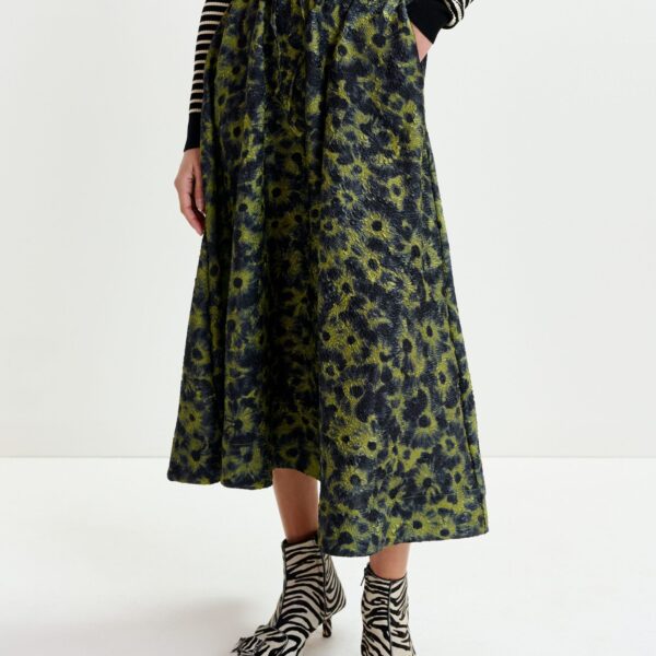 Essentiel Antwerp Khaki and dark blue floral-jacquard midi skirt - Essentiel Antwerp Skirts - Colorful Belgian Design - Shop at Coveti