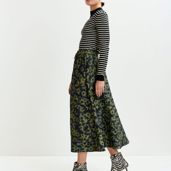 Essentiel Antwerp Khaki and dark blue floral-jacquard midi skirt - Essentiel Antwerp Skirts - Colorful Belgian Design - Shop at Coveti