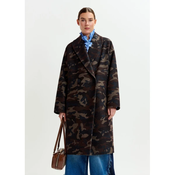 Essentiel Antwerp Khaki, beige and black camouflage print double-breasted wool-blend coat, view 2