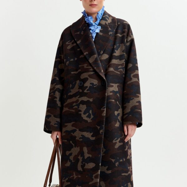beige and black camouflage print double-breasted wool-blend coat - Essentiel Antwerp Coats - Colorful Belgian Design - Shop at Coveti