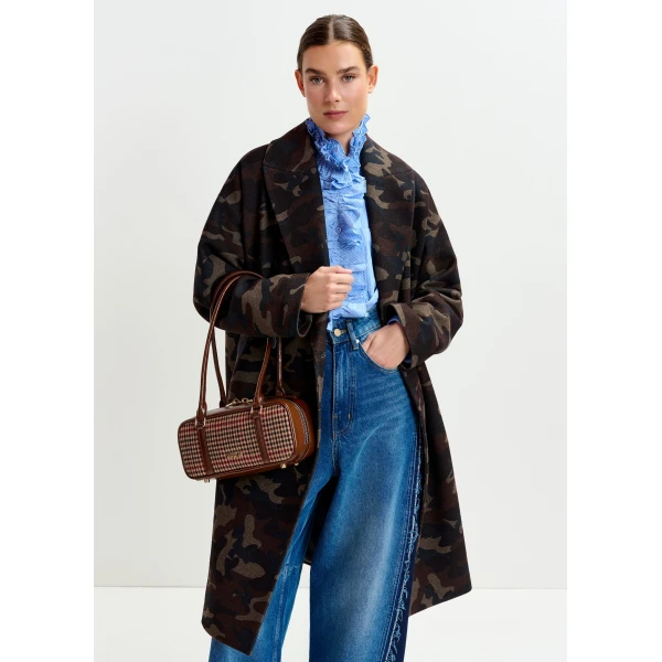 Essentiel Antwerp Khaki, beige and black camouflage print double-breasted wool-blend coat, view 4