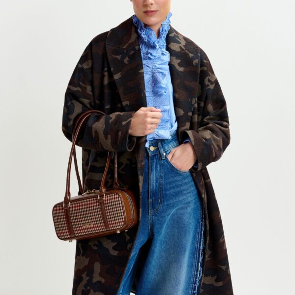 beige and black camouflage print double-breasted wool-blend coat - Essentiel Antwerp Coats - Colorful Belgian Design - Shop at Coveti