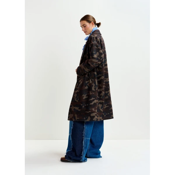 Essentiel Antwerp Khaki, beige and black camouflage print double-breasted wool-blend coat, view 5