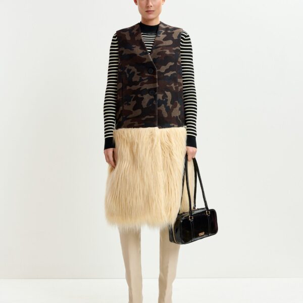 beige and black camouflage wool-blend sleeveless jacket with off-white faux fur - Essentiel Antwerp Jackets - Colorful Belgian Design - Shop at Coveti