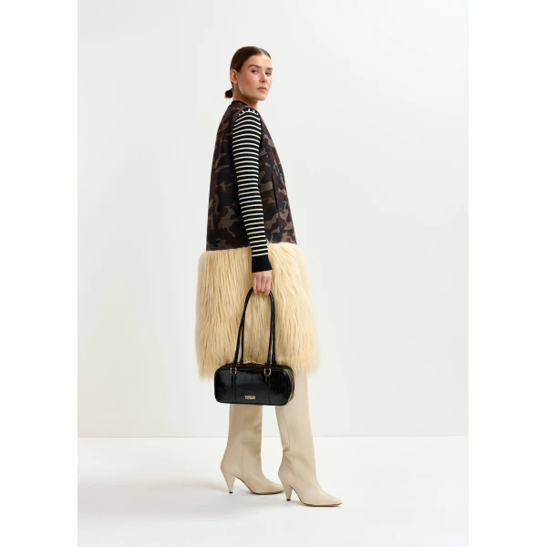 Essentiel Antwerp Khaki, beige and black camouflage wool-blend sleeveless jacket with off-white faux fur, view 3