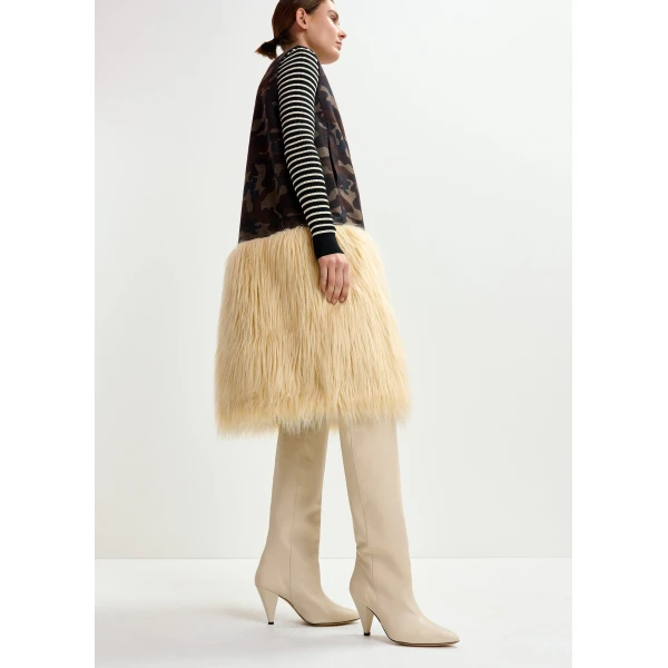 Essentiel Antwerp Khaki, beige and black camouflage wool-blend sleeveless jacket with off-white faux fur, view 4