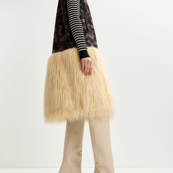 beige and black camouflage wool-blend sleeveless jacket with off-white faux fur - Essentiel Antwerp Jackets - Colorful Belgian Design - Shop at Coveti