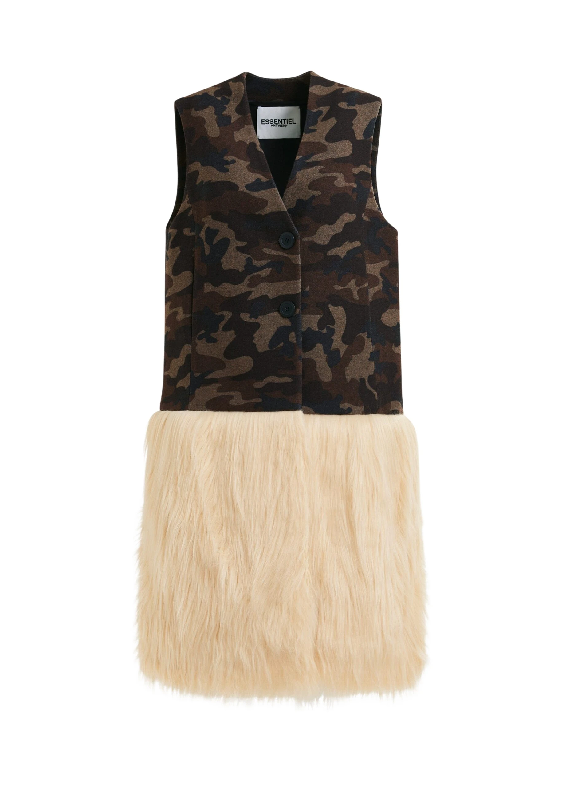 Khaki-beige-and-black-camouflage-wool-blend-sleeveless-jacket-with-off-white-faux-fur-Essentiel-Antwerp-Jackets-scaled30513_nobg Essentiel Antwerp Khaki