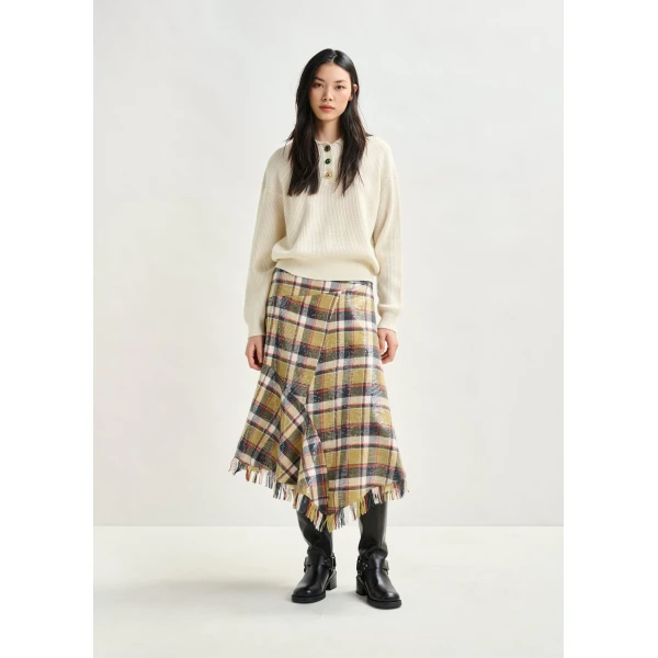 Essentiel Antwerp Khaki, dark blue and red check print midi skirt with fringed hemline and sequin embellishments, view 2