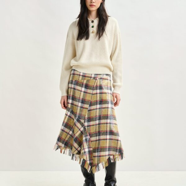 dark blue and red check print midi skirt with fringed hemline and sequin embellishments - Essentiel Antwerp Skirts - Colorful Belgian Design - Shop at Coveti