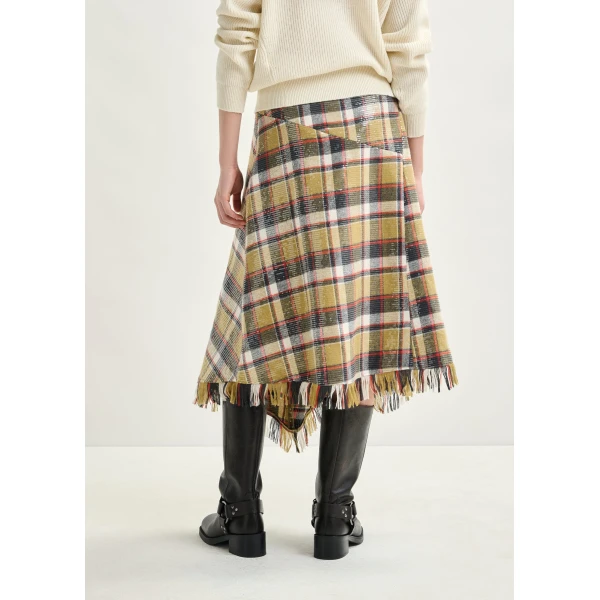 Essentiel Antwerp Khaki, dark blue and red check print midi skirt with fringed hemline and sequin embellishments, view 4