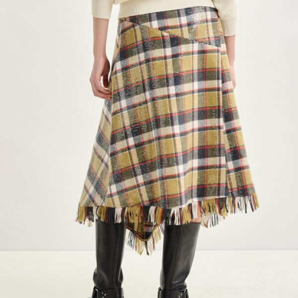 dark blue and red check print midi skirt with fringed hemline and sequin embellishments - Essentiel Antwerp Skirts - Colorful Belgian Design - Shop at Coveti