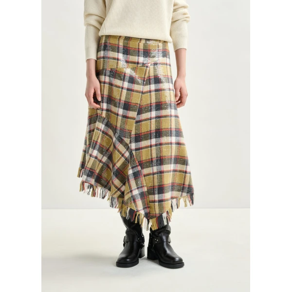 Essentiel Antwerp Khaki, dark blue and red check print midi skirt with fringed hemline and sequin embellishments, view 5