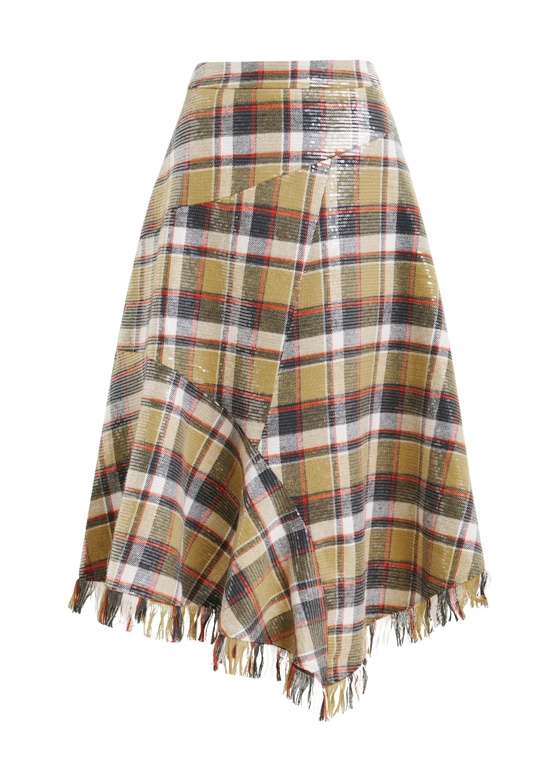 Essentiel Antwerp Khaki, dark blue and red check print midi skirt with fringed hemline and sequin embellishments