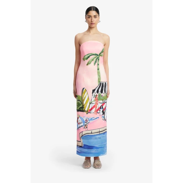 hand-sketched resort scene is a dreamy European holiday in fabric form. Complete with poolside glamour and playful accents