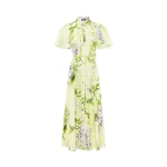 Leo Lin Green Dresses A cascading lilac dream! These beautiful lilac wisteria blooms tumble down a soft lime canvas. This print evokes pure fresh air