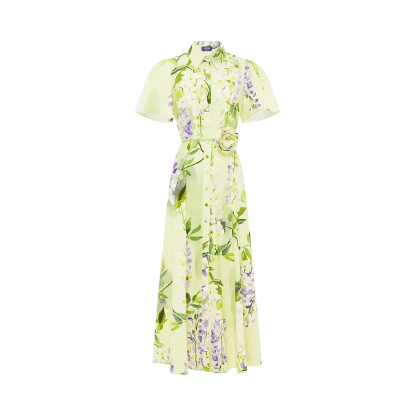 Leo Lin Green Dresses A cascading lilac dream! These beautiful lilac wisteria blooms tumble down a soft lime canvas. This print evokes pure fresh air