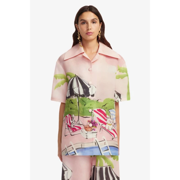 hand-sketched resort scene is a dreamy European holiday in fabric form. Complete with poolside glamour and playful accents