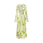 Leo Lin Green Dresses A cascading lilac dream! These beautiful lilac wisteria blooms tumble down a soft lime canvas. This print evokes pure fresh air