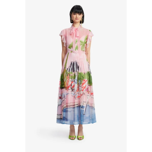 hand-sketched resort scene is a dreamy European holiday in fabric form. Complete with poolside glamour and playful accents