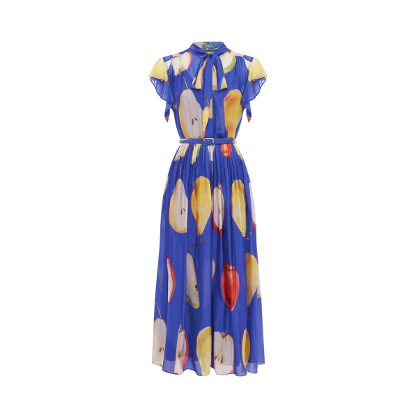 Leo Lin Blue Dresses An ode to the orchard. Lush pears are playfully scattered across a striking cobalt base