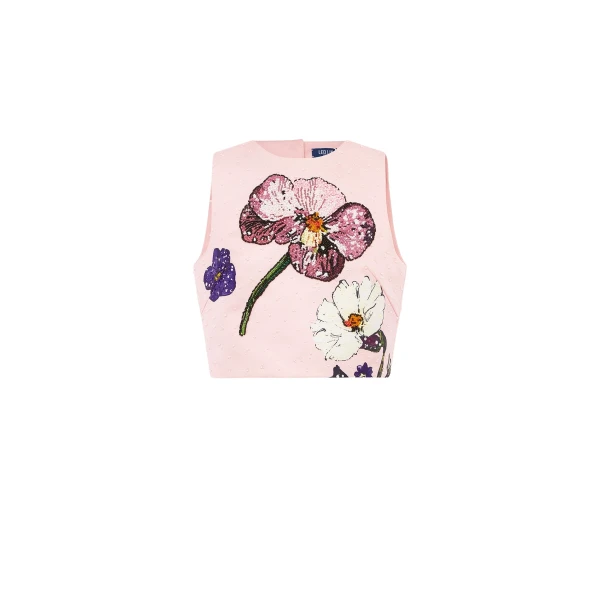Leo Lin Pink Tops A playful scattering of detailed wildflowers in vibrant purple