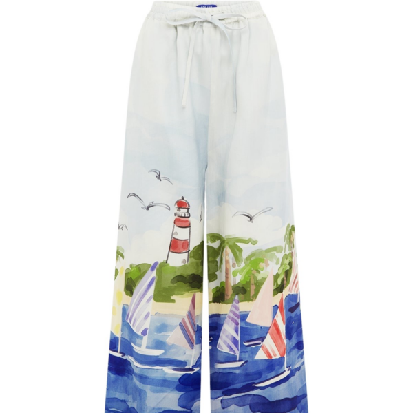 Leo Lin Blue Pants Sailing ships scatter across a soft canvas